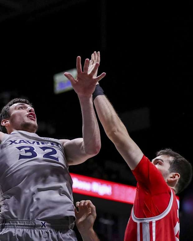 Nov 15, 2022; Cincinnati, Ohio, USA; Xavier Musketeers forward Zach Freemantle (32) shoots against Fairfield Stags forward Zach Crisler (20) in the second half at Cintas Center. Mandatory Credit: Katie Stratman-USA TODAY Sports